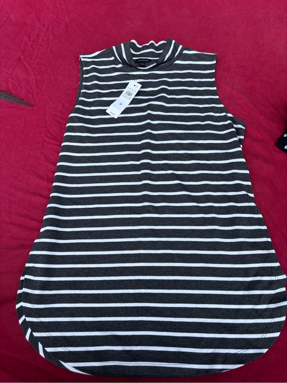 Ann Taylor gray & White Striped Sleeveless Mock Neck Tunic